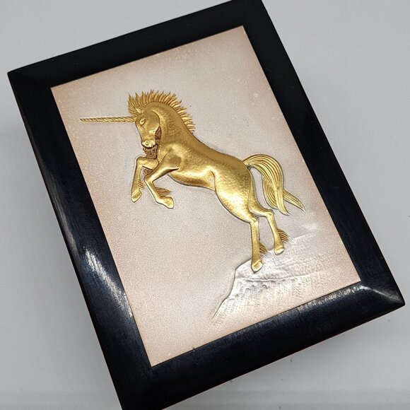 Gold Unicorn Black Lacquered Decorative Wooden Trinket Box With Velvet Interior - Picture 2 of 8